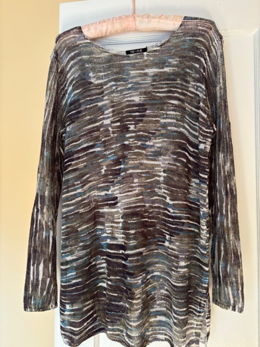 NIC+ZOE Marble-Stripe Scoop Neck Sweater in Brown, Gray & Blue